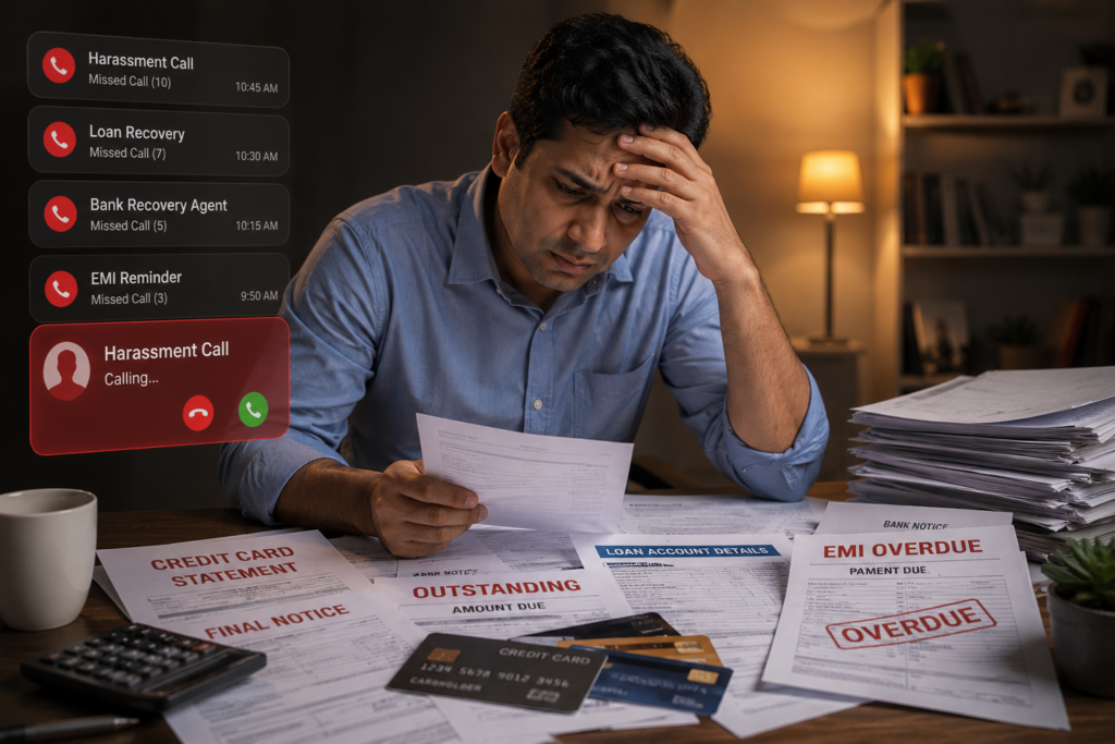 Stressed Indian man holding multiple credit cards while sitting at a desk filled with loan papers and overdue bills, with harassment recovery call notifications appearing in the background.