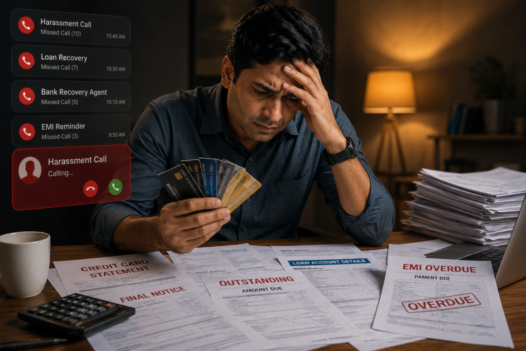 Stressed Indian man holding multiple credit cards while sitting at a desk filled with loan papers and overdue bills, with harassment recovery call notifications appearing in the background.