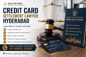 Credit Card Settlement Lawyer Hyderabad legal services poster with gavel, scales of justice and credit cards